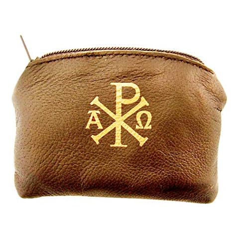 WJ Hirten Ava Maria and Chi Rho Cross Sheepskin Leather Rosary Case with Velvet Lining, Brown, 3 1/4 Inch Cover