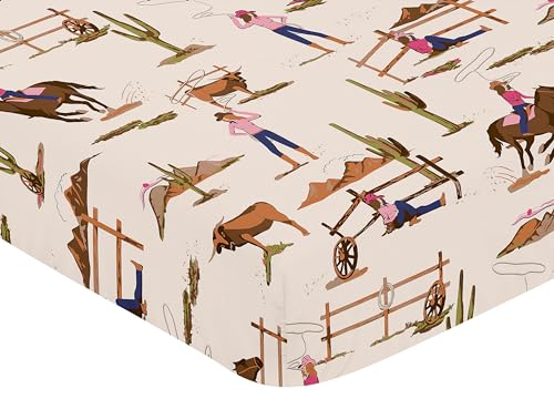 Image of Sweet Jojo Designs Western Cowgirl Girl Baby Fitted Crib Sheet Infant Newborn Nursery Toddler Bed Room Standard Mattress Wild West Vintage Country Retro Animal Horse Southwest Beige Brown Pink Blue