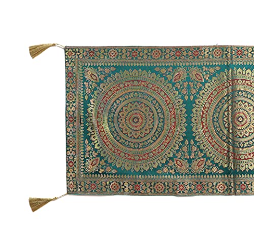 Image of Diwali Decor Brocade Jacquard Silk Table Runner Long Runner for Dinning & Centre Table Mandala Print 72 x 16 Inches (Green)
