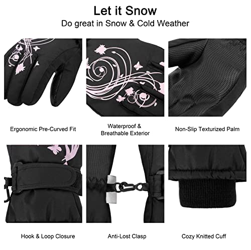 Lullaby Kids Toddler Gloves Waterproof Ski Glove For Kids Ski Gloves Kid's Cold Weather Winter Windproof Snow Gloves, Black Flower, S(4-6Y) #TOP4