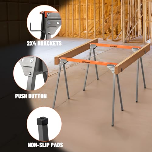 DSS01A Saw Horse 2-Pack, Lightweight Folding Metal Workhorse with 2x4 Brackets, Quick-Release Legs & Anti-Slip Pads, Portable Workbench for DIY, Woodworking, Carpenters, and Workshop Projects - Image 5