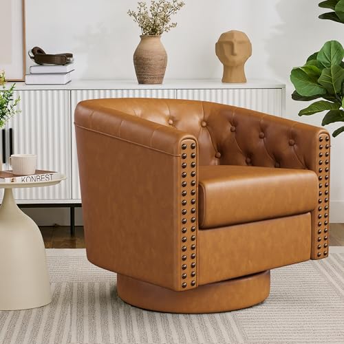 Image of Swivel Barrel Accent Chair, Round Faux Leather Living Room Arm Chairs, Modern Upholstered Comfty Reading Nook Chairs for Bedroom, Small Club Armchair, Single Sofa Side Chair, Brown