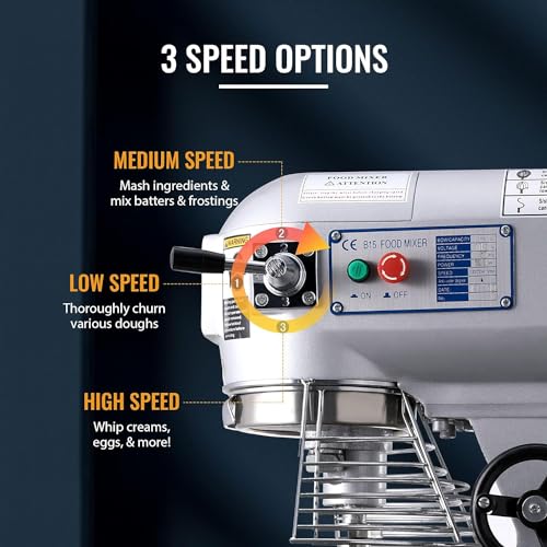 CREWORKS Commercial Food Mixer with Dough Hook 15L 600W Stainless Steel Stand Mixer Pizza Bakery Multifunction Blender 3 Speed Electric Dough Mixer for Bread Cake Hook Beater Whip - Image 3