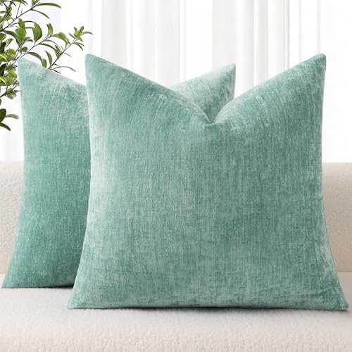 decorUhome Chenille Aqua Haze Throw Pillow Covers 18×18 Inch Set of 2, Decorative Soft Couch Pillow Covers Solid Dyed Accent Velvet Farmhouse Neutral Square Pillow Cases for Sofa Bed Living Room