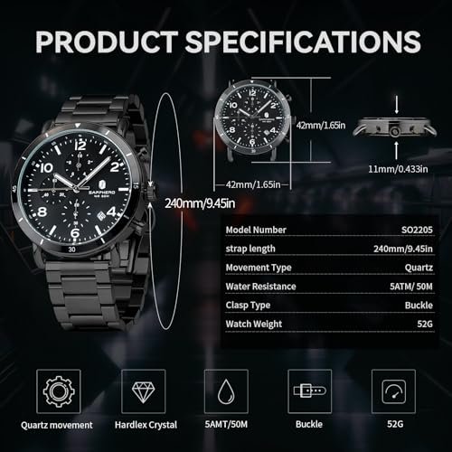 Image of Sapphero Chronograph Watch for Men - Analog Quartz Waterproof Stainless Steel Casual Luxury Date Watch - Gift for Men