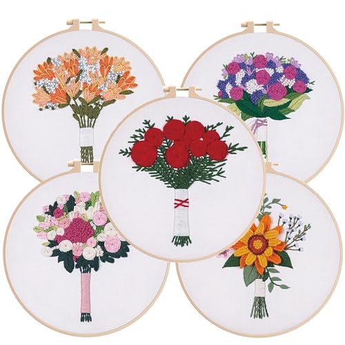 Image of TGFXA 5 Pack Beginner Embroidery Kit for Adults Spring Adult Craft Kits Cross Stitch with Flower Stamp Patterns Punch Needle Kits Adults Beginner Includes Rose Sunflower