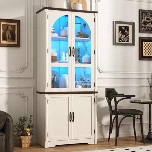 Image of chartustriable 75 inch Tall Farmhouse Kitchen Pantry Cabinet with LED Lights,Wood Storage Cabinet w Arched Glass Doors,Pantry Organizers and Storage,Rustic Wood Cupboard for Kitchen,Dining Room(White)