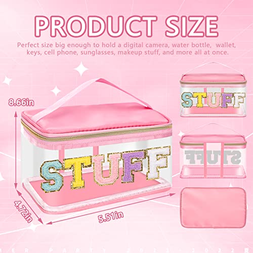 Preppy Clear Makeup Cosmetic Bag For Women Travel, Nylon Pvc Chenille Glitter Letter Toiletry Storage Tote Bag, Transparent Waterproof Organizer Zipper Pouch With Handle(Stuff, Pink) #TOP1