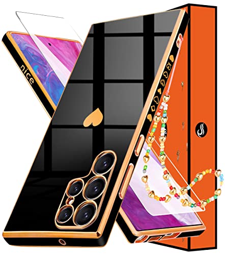 Shorogyt (3in1) Heart Case for Samsung Galaxy S22 Ultra 5G 6.8 Inch Women Cute Aesthetic Love Hearts Pattern Girls Black Gold Luxury Girly Design Phone Cases Trendy Cover+Screen+Chain for S22 Ultra