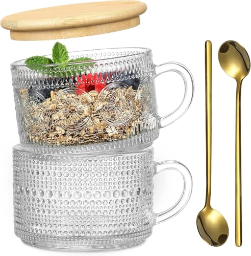 Image of PrimeWorld 2 Pcs 420 Ml Vintage Coffee Mugs,Overnight Oats Containers With Handle,Bamboo Lids And Spoons-Embossed Glass Cups For Cappuccino,Latte,Cereal,Yogurt,Hot Or Cold Beverages,Transparent
