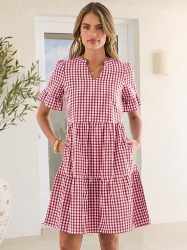 Image of Caracilia Dresses for Women Summer 2026 Striped V Neck Ruffle Sleeve A Line Tiered Flowy Casual Mini Beach Dress with Pockets