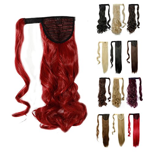 Wrap Around Synthetic Ponytail One Piece Heat Resistant Magic Paste Pony Tail Long Wavy Curly Soft Silky for Women Lady Girls 24'' / 24 inch (dark red)