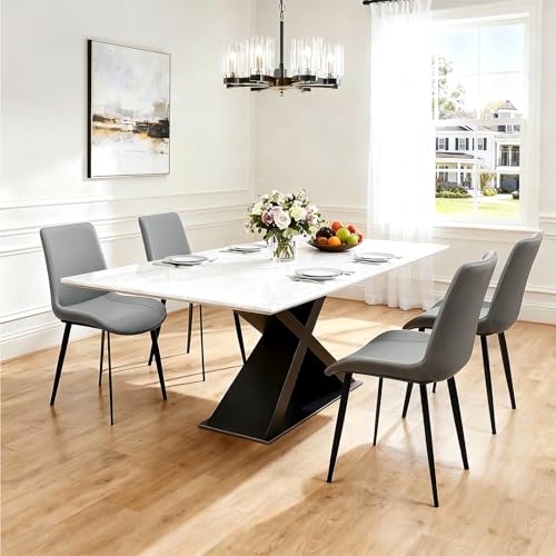 Image of Modern Dining Chairs Set of 4, PU Leather Dining Room Chairs, Upholstered Kitchen Chairs with Ergonomic Backrest & Sturdy Metal Legs, Two-Tone Design in Light Grey & Dark Grey