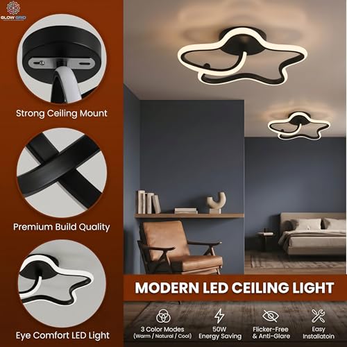 Image of LED Ceiling Light Star 3 Color Modes Warm, Cool White, Neutral Modern Decorative 50W Ceiling Lamp for Living Room, Bedroom Energy Efficient & Bright Lighting (Star)