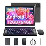 Vyrolinia Tablet Android 15 10 Inch 12GB RAM+64GB ROM/ 2TB Expandable Tablet, 1280 * 800 HD Touch Screen, 5G WiFi6 BT 5.0, 2 in 1 Tablets with Keyboard Case Mouse Stylus (12GB RAM+64GB ROM Black)