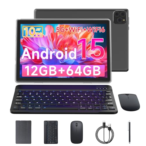 Vyrolinia Tableta Android 15, 10 pulgadas, 12 GB de RAM + 64 GB ROM/ 2 TB, pantalla táctil HD de 1280 x 800, 5G WiFi6 BT 5.0, tabletas 2 en 1 con funda de teclado, mouse y lápiz capacitivo rosa (negro
