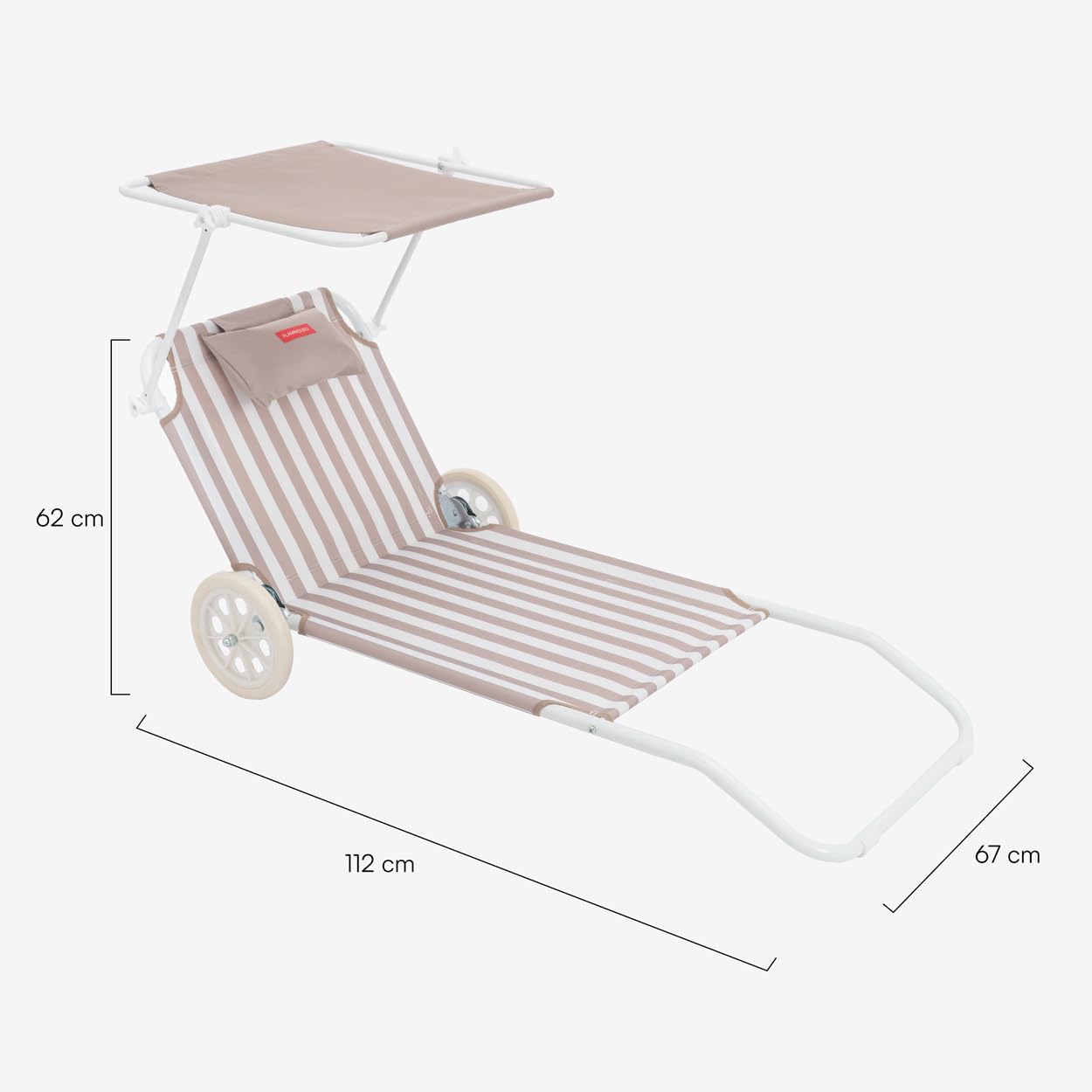Flamingueo Krzesło plażowe, składany leżak, 5 pozycji, regulowany parasol UPF 50+, ergonomiczna poduszka, możliwość przekształcenia w wózek transportowy, beżowy