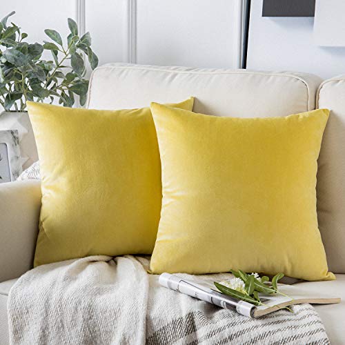 Image of Phantoscope Pack of 2 Velvet Decorative Throw Decorative Pillow Cover Soft Solid Square Cushion Case for Couch Yellow 20 x 20 inches 50 x 50 cm