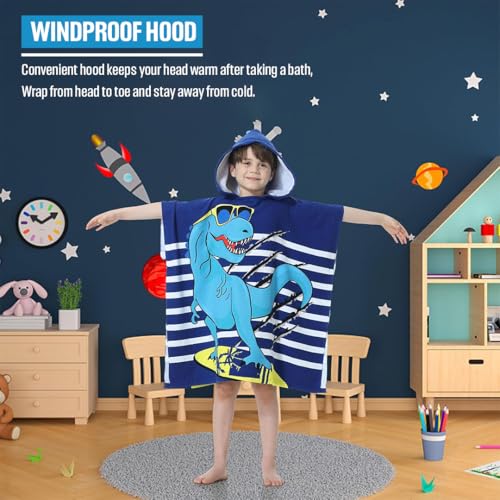 Image of TONY STARK Poncho Towel for Kids, Beach Towel with Hoodie, 60x60cm Travel Towel for 1-7 Years Girls and Boys, Soft Microfiber Sleeved Poncho (Dino Surfer)