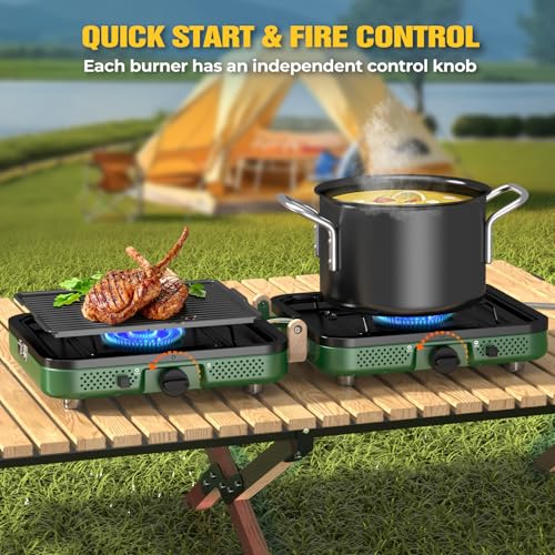 Portable 2 Burner Camping Stove, 10000 BTU Propane Camp Stove with Adjustable Burners, Folding Design & Piezo Ignition - Includes Carrying Bag - Image 3