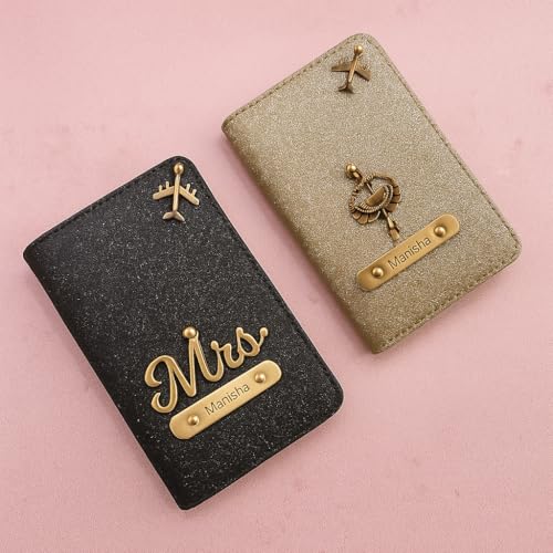 Image of Personalised Glitered Name Passport Cover Combo Pack| Combo Pack of 2 | Passport Cover for Womens and Girls| Gift Pack|Travel Assessories Black & Golden