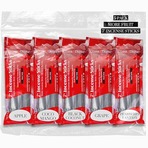 Sweet Fruits 7'' Incense Sticks - Variety Set 500 Pack - 7 inch - 5 Bundles 100 Sticks Per Fragrance Scent. Set Features Apple, Coco Mango, Black Coconut, Grape Pearberry Fantasy