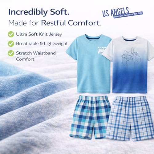 Image of US Angels Pajamas Set for Boys, 4-Piece Set, Short Sleeve Shirt with Pajama Shorts