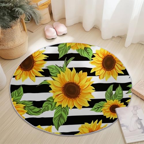Alfombras Redondas Antideslizante 90 cm, Franela Suave Pelo Corto Alfombra Redonda Retro Dibujos Animados Flores Girasoles Imprimir para Dormitorio Sala de Estar Decoración Del Hogar, Amarillo