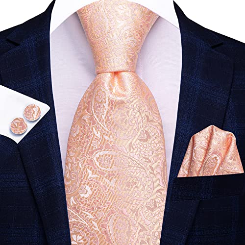 Image of Dubulle Mens Paisley Striped Tie and Handkerchief Cufflinks Tie Set for Men Wedding Business Formal,Incarnadine Pink