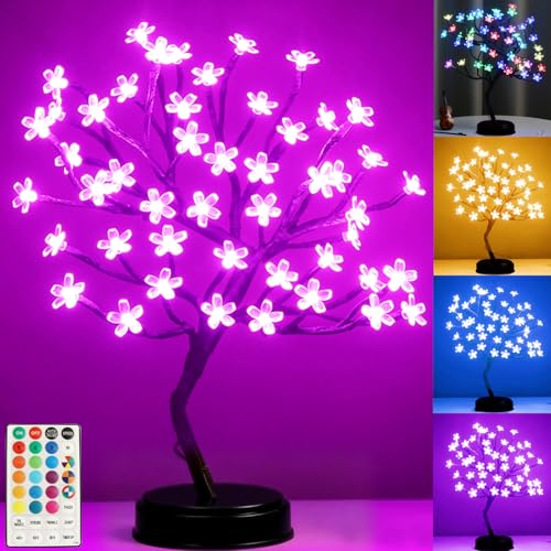 Pooqla 18 Inch 48 LED RGB Cherry Blossom Tree Light with Remote 16 Color-Changing LED Artificial Flower Bonsai Tree Table Top Lamp Home Lit Tree Centerpieces Christmas Decor
