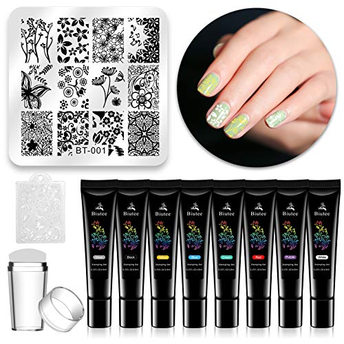 Biutee Nail Stamping Plates Set 12Pcs Template Image Plates 8 Colors Nail Art Stamping Gel Polish 1Pcs Storage Bag 1PCS Stamper with 1PCS Scraper Manicure Stencils Tools - Thumbnail 2