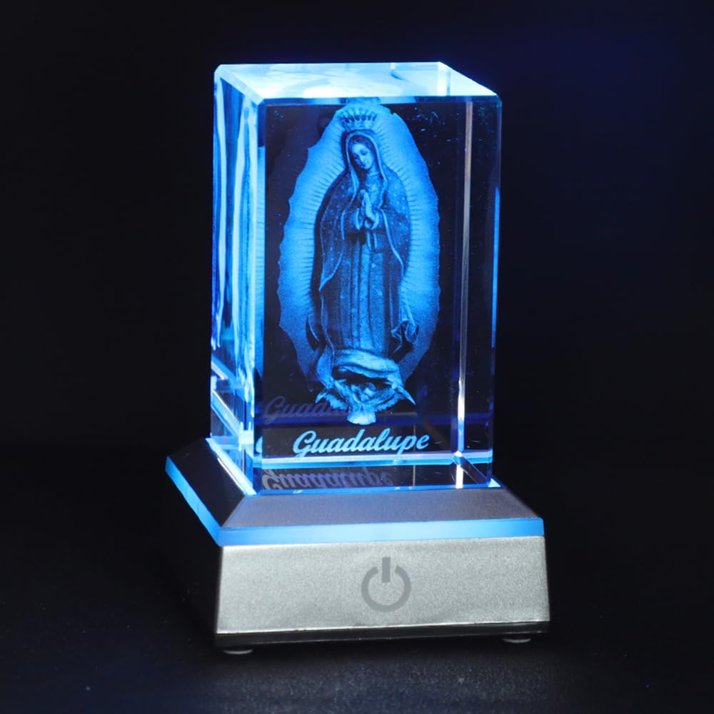 KOMI 3D Crystal Statues Decorations Religious Gifts for Women Laser Etched Crystal Our Lady of Guadalupe Glass Statues with Colorful LED Light Base