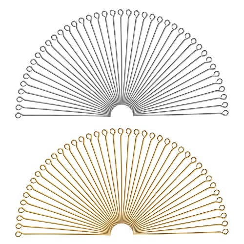 TOAOB 200pcs 50 mm Épingle à Oeil Aiguilles Tiges Clous Tête Ronde en Laiton Argent Doré pour Accessoire Fabrication de Bijoux Artisanat