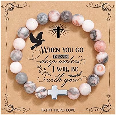 QWNHONEY Christian Jewelry for Women Cross Beads Bracelet Pink Nature Stone Catholic Religious Jewelry Gifts When You Go Though Deep Waters I Will Be with You