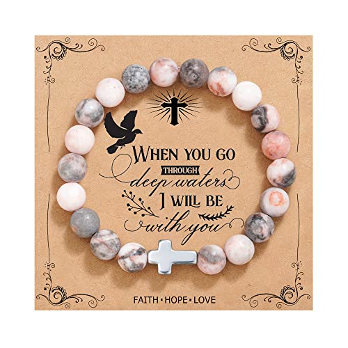Qwnhoney Christian Jewelry For Women Cross Beads Bracelet Pink Nature Stone Catholic Religious Jewelry Gifts When You Go Though Deep Waters I Will Be With You #TOP2