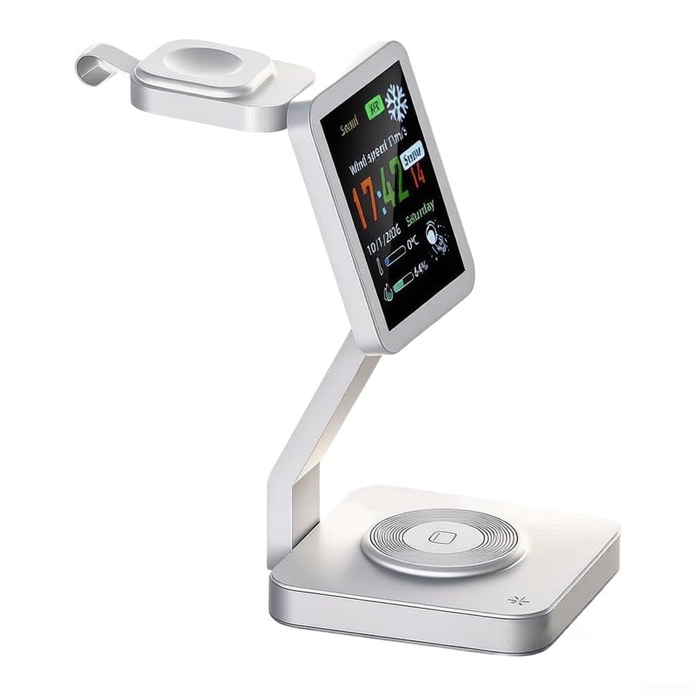 Caricabatterie wireless 3 in 1 per iPhone per Airpods Watch | Stazione di ricarica rapida ABS con display intelligente per casa e ufficio (25 W bianco per entrambi)