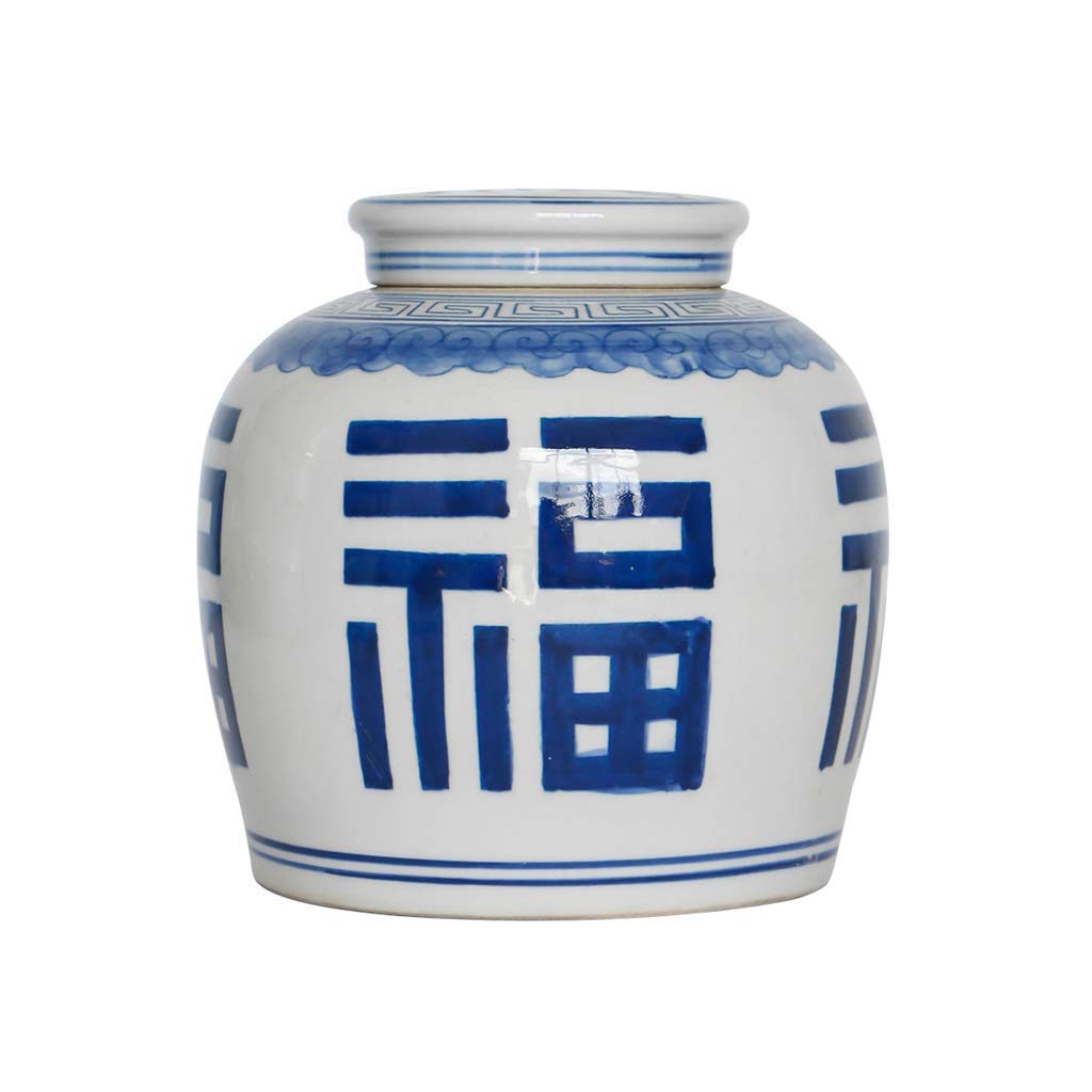 asdchZen Antique Style Blue And White Porcelain Happiness Ceramic Covered Jar Vase, China Ming Style, Hand-Crafted