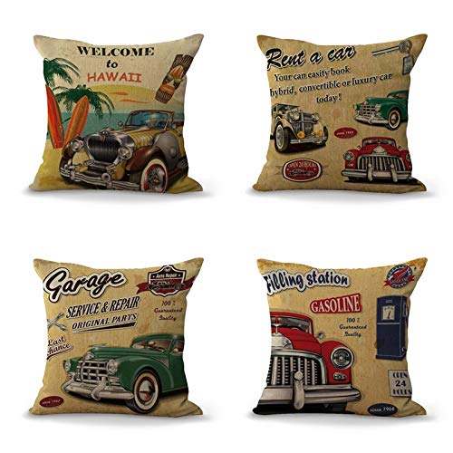 ZHAOXIANGXIANG 4 Pack Throw Pillow Case,Tráfico Retro Coche Estampado Algodón Y Lino Funda De...
