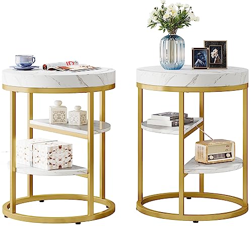 Tribesigns Round End Table Set Of 2, 3-Tier Side Table With Storage For Living Room, Modern White Gold Nightstand With Faux Marble Tabletop, Bedside Table For Bedroom, Small Accent Tables With Shelves #TOP21