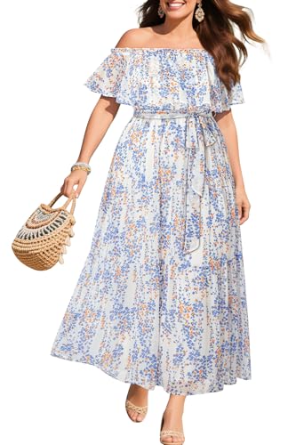 Image of Plus Size Chiffon Off The Shoulder Maxi Long Floral Summer Casual Beach Boho Sundress Women 2024