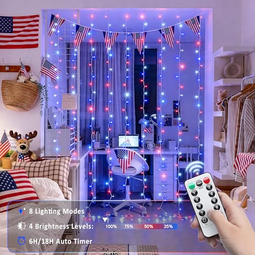 Image of JMEXSUSS 300LED Red White & Blue Curtain Lights for 4th of July, 9.8x9.8ft | Plug in, with Remote, Patriots Hanging String Lights for Bedroom, Wall, Window, Backdrop, Patio, Porch, Indoor, Outdoor Decor