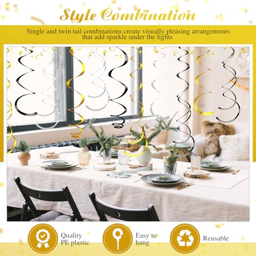 Image of 36 Pcs Hanging Swirl Party Decorations Plastic Streamer Swirls Spiral Party Decorations for Ceiling Birthday Wedding Baby Shower Graduation(Black, Gold, Silver)
