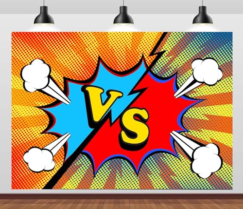 Loccor 5x4ft Fabric Cartoon Blue Red Challenge Championship Versus VS Backdrop Retro Comic Style Fight Background Game Competition Supplies Boy Baby Shower Photo Props
