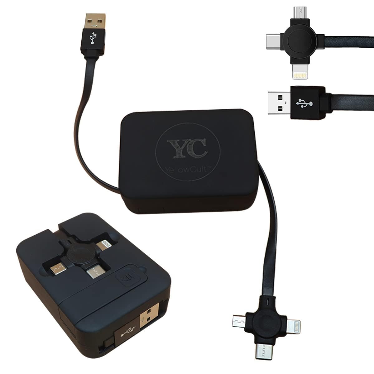 YellowCult Multi USB Charger Cable Retractable 3 in 1 Multiple Charging Cord Adapter with Mini Type C Micro USB Port Connectors Compatible with smart Phones Tablets iphone ipad – Black(3.3 Ft)