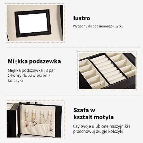 ADEL DREAM Jewellery Box for Women and Girls, Lockable, 3 Layers, 2 Drawers, 3 Colours, with Mirror, Large Storage Space for Home and Travel, for Rings, Earrings, Necklaces, Bracelets
