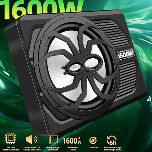 Image of 2026 Upgraded 1600W Car Subwoofer, 10 inch Ultra-Thin Powered Under-Seat Sub with Built-in Amplifier, (LPF /Gain /Bass Boost) LED Ambient Lights, Independent Bass Knob, Distortion-Free Deep Bass（Black A）