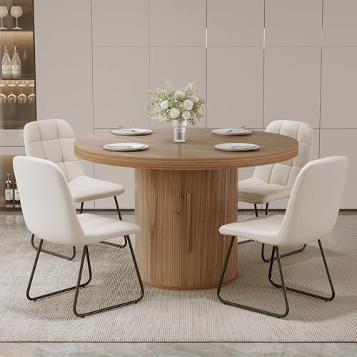Image of 5-Piece Dining Set for Small Spaces 43.3 inch Round Table & 4 PU Leather Chairs, Modern Farmhouse with Storage Shelf, Apartment Kitchen Easy Assembly (Walnut Color Round Table + 4 U-Shaped White Chairs)