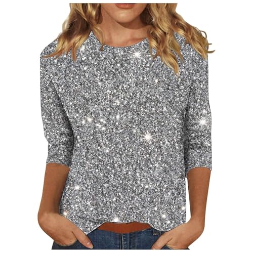 Sequin Tops for Women UK V Neck T Shirts 3/4 Sleeve Tops Glitter Elegant Party Ruffle Blouses Ladies Flowy Loose Blouses Sparkly Evening Mesh Y2K Bling Rave Outfits Retro Theme(Silver,XXL)