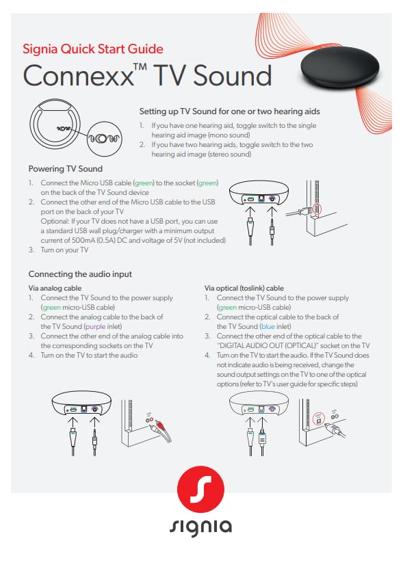 Signia Quick Start Guide page showing power and audio connections