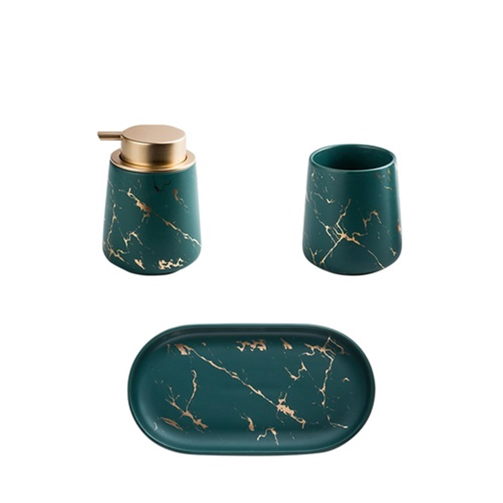 Set De BañO Juego de baño de cerámica con Textura marmolada, dispensador de jabón portátil, Taza, Cepillo de Dientes, loción, Botella, Caja, Suministros de baño(Green 2pcs with Tray)